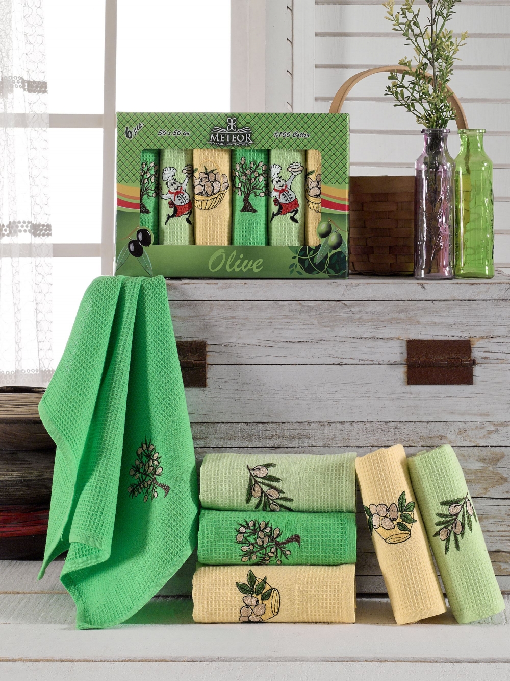 Турецкие кухонные вафельные салфетки METEOR 30х50 ТОРШОН OLIVE - 6шт. арт. 9729
