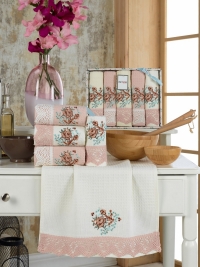 Турецкие кухонные вафельные салфетки с гипюром METEOR 40х60 BERTICE - 5шт. арт. 11219 (персиковый)